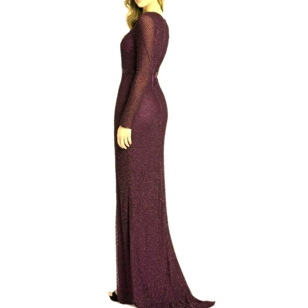 Mac Duggal Gown Heavy Beaded Aubergine Purple Longsleeve Maxi Dress Sz 14